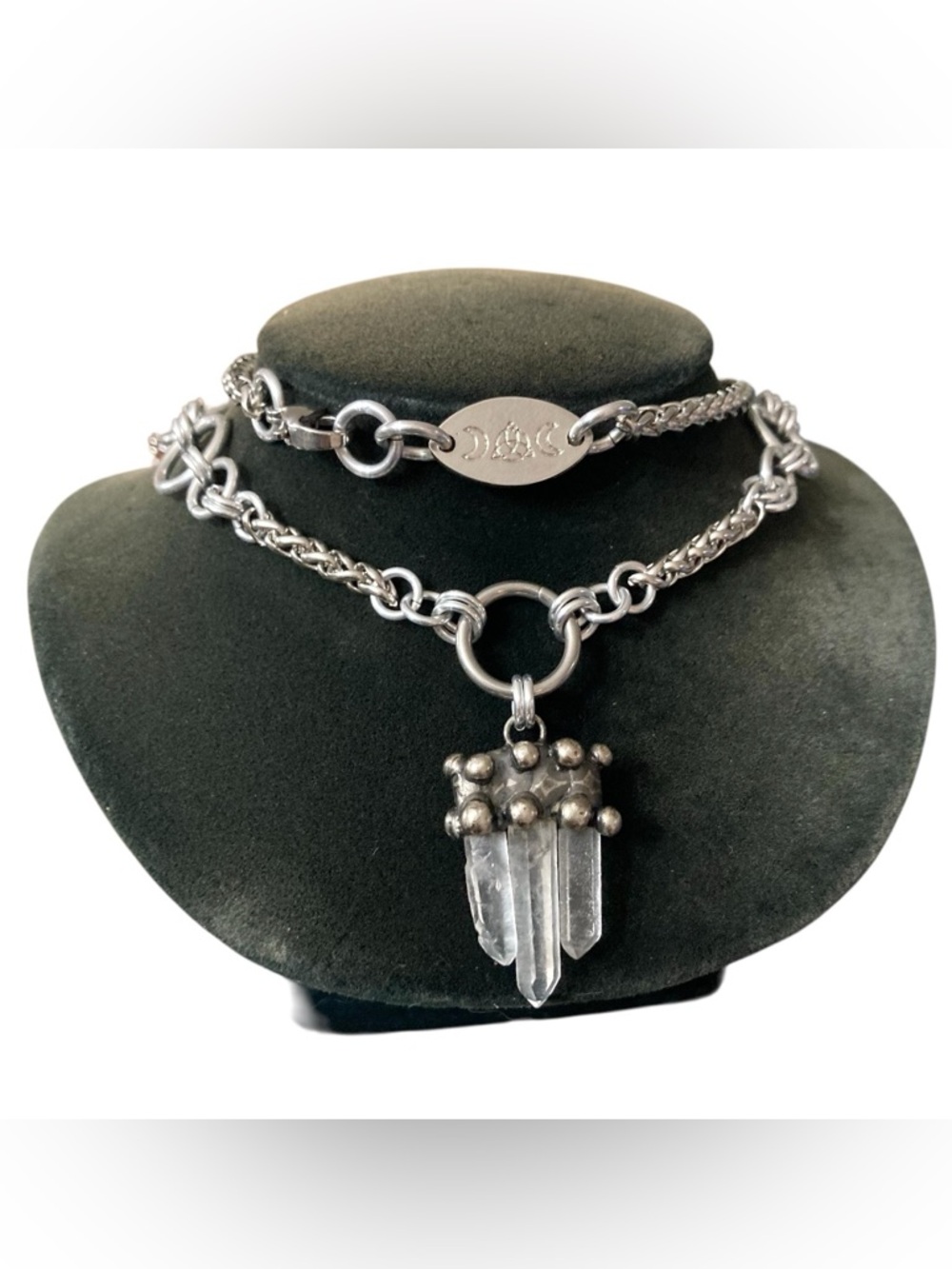 Handmade Genuine raw crystal quartz maille stainless steel boho goth necklace
